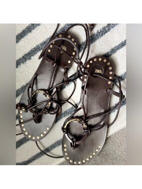 Zara Dark Brown Leather Lace-Up Sandals with Gold Studs